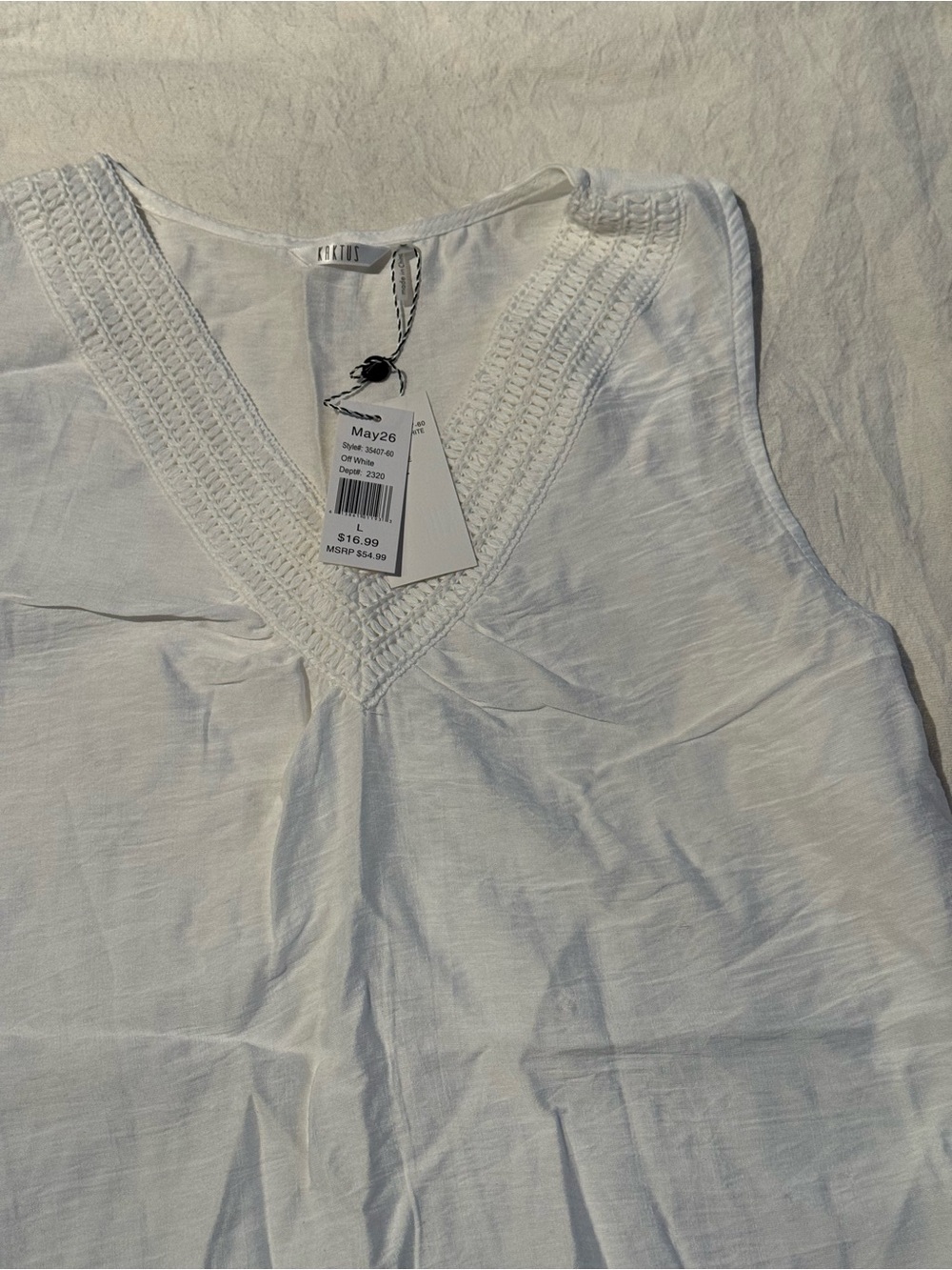 Kaktus White V-Neck Sleeveless Tank with Crochet Trim